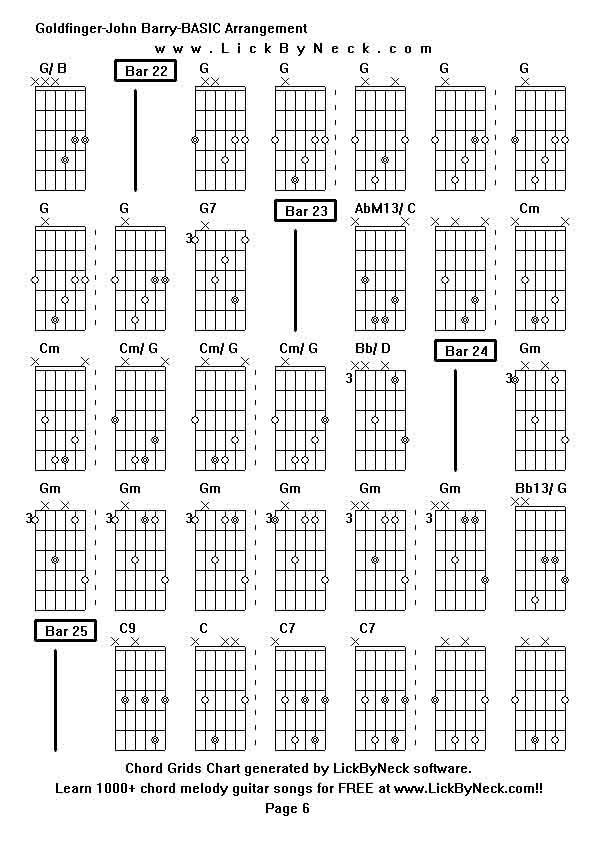 Chord Grids Chart of chord melody fingerstyle guitar song-Goldfinger-John Barry-BASIC Arrangement,generated by LickByNeck software.